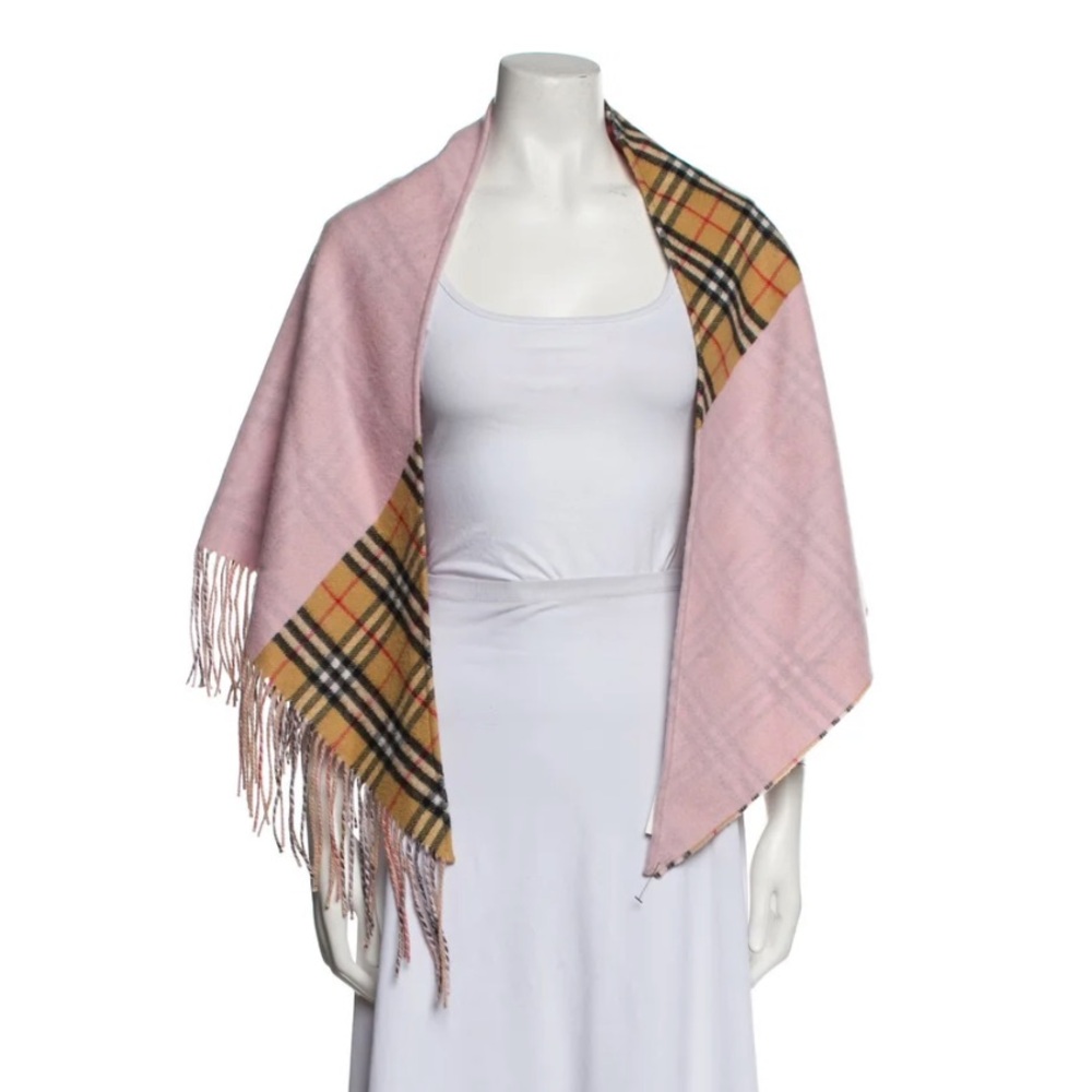 Burberry Plaid Pink and Tan Women's Scarf V shape with fringe
